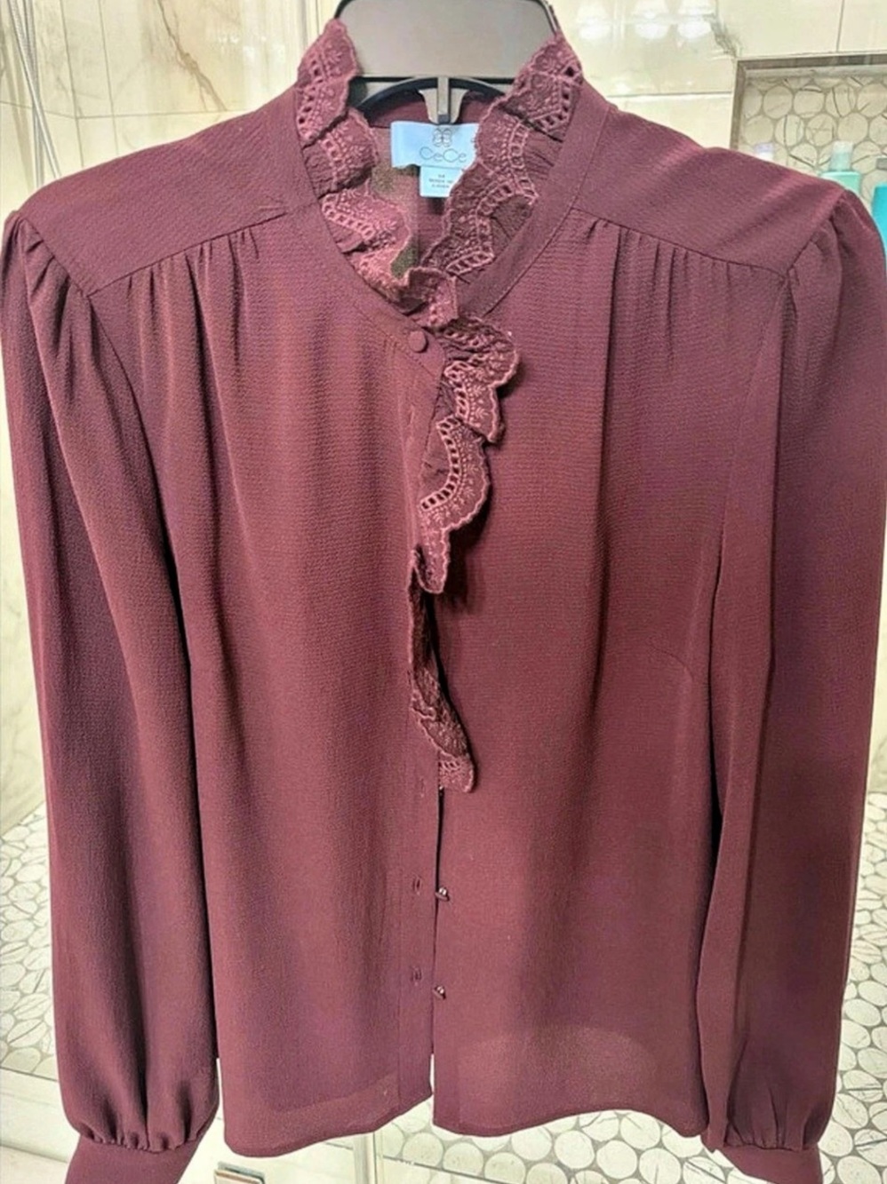 CeCe Long Sleeve Ruffle Trim Blouse Purple